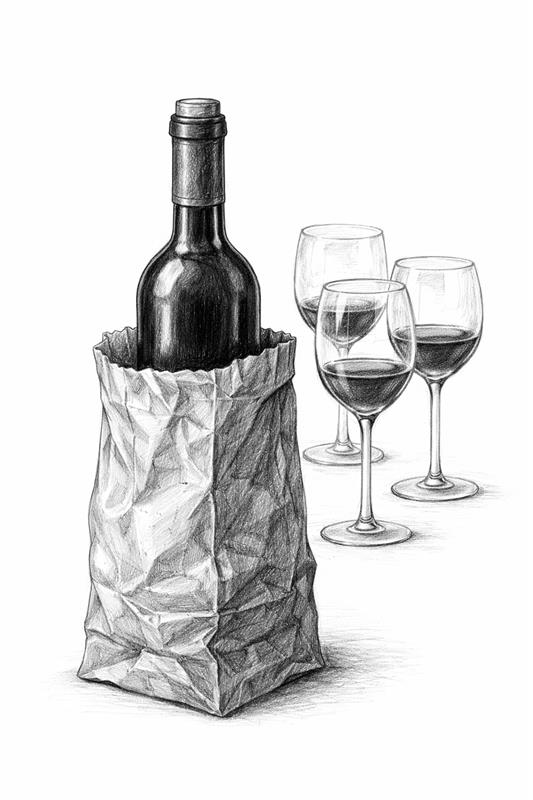 Wine bottle in a brown paper bag with glasses